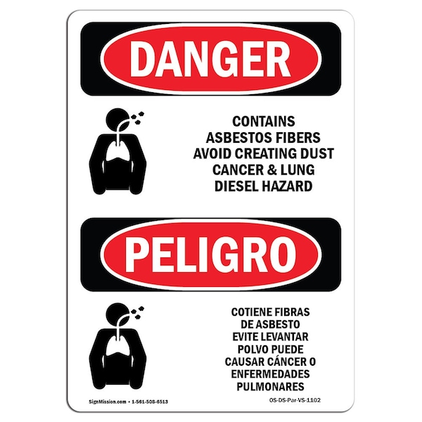 Safety Sign, OSHA Danger, 5" Height, Contains Asbestos Fibers Spanish, 10PK
